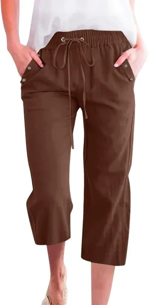 Women Capri Pants Elastic High Waisted Cotton Linen Capris Casual Summer Loose Wide Leg Cropped Trouser with Pockets