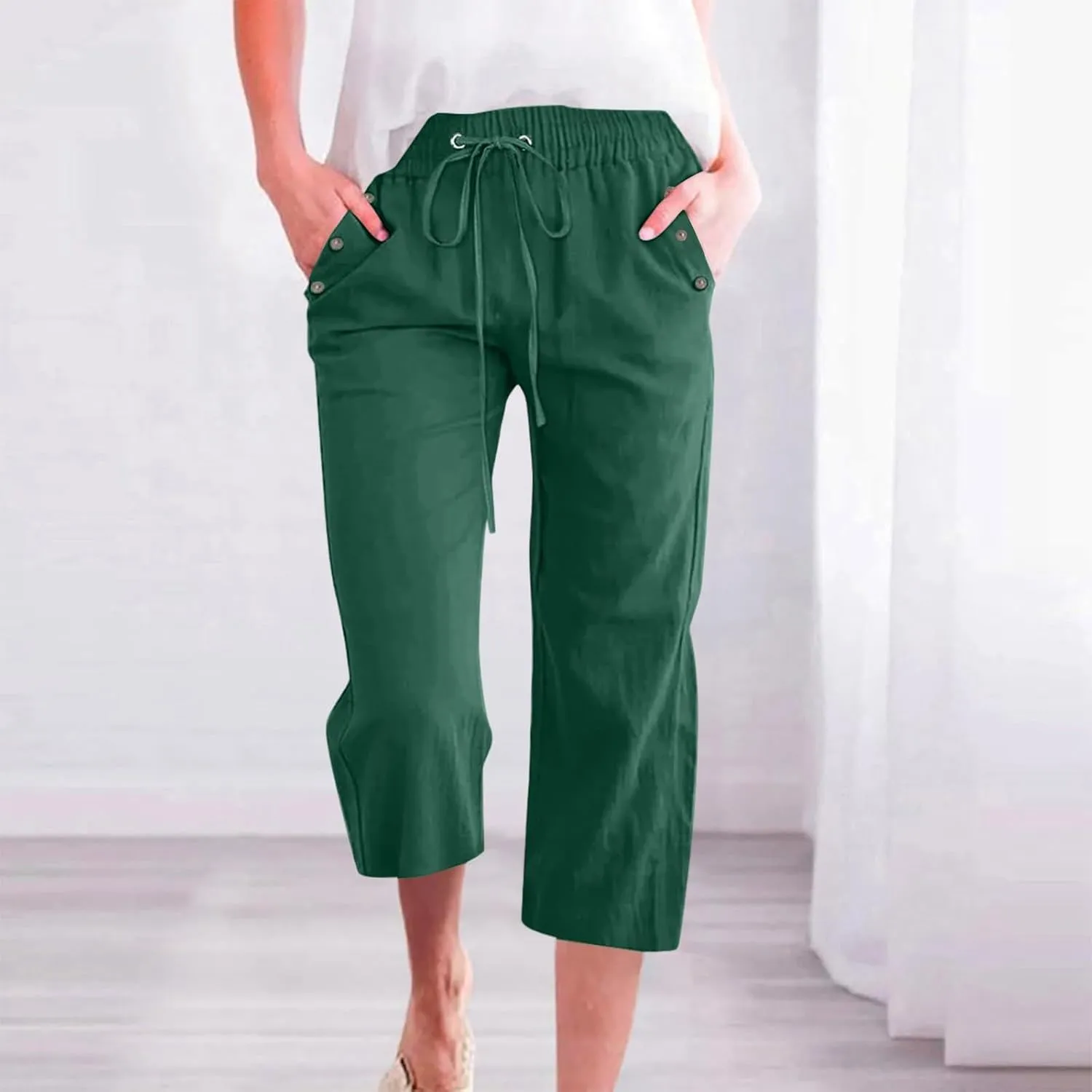 Women Capri Pants Elastic High Waisted Cotton Linen Capris Casual Summer Loose Wide Leg Cropped Trouser with Pockets