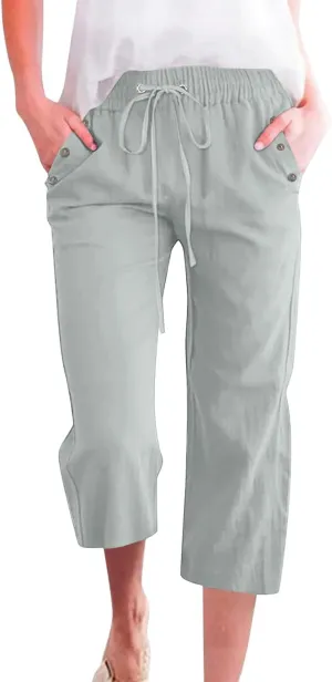 Women Capri Pants Elastic High Waisted Cotton Linen Capris Casual Summer Loose Wide Leg Cropped Trouser with Pockets