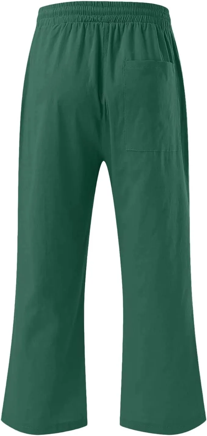 Women Capri Pants Elastic High Waisted Cotton Linen Capris Casual Summer Loose Wide Leg Cropped Trouser with Pockets