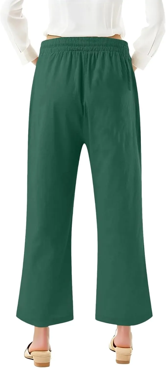 Women Capri Pants Elastic High Waisted Cotton Linen Capris Casual Summer Loose Wide Leg Cropped Trouser with Pockets