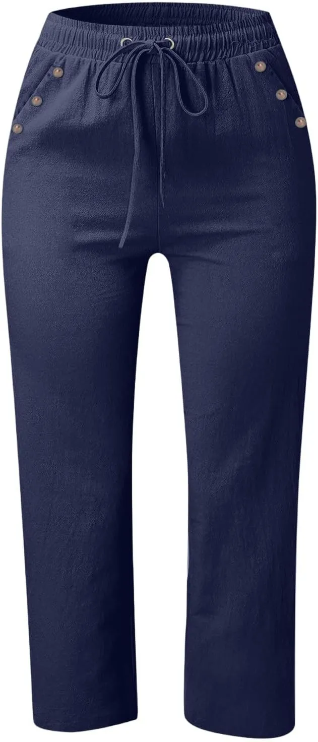 Women Capri Pants Elastic High Waisted Cotton Linen Capris Casual Summer Loose Wide Leg Cropped Trouser with Pockets