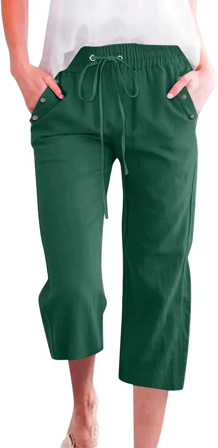 Women Capri Pants Elastic High Waisted Cotton Linen Capris Casual Summer Loose Wide Leg Cropped Trouser with Pockets