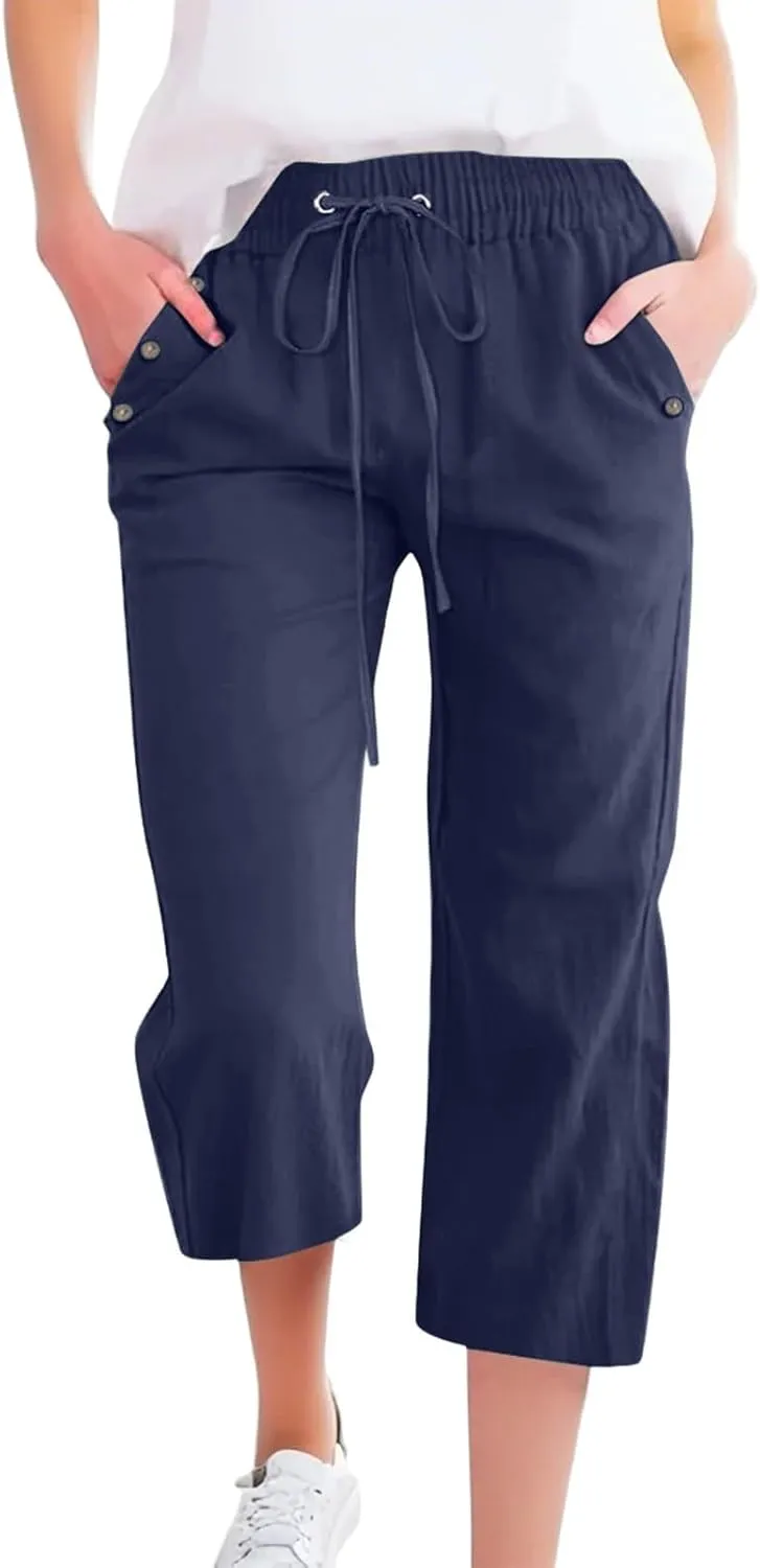 Women Capri Pants Elastic High Waisted Cotton Linen Capris Casual Summer Loose Wide Leg Cropped Trouser with Pockets