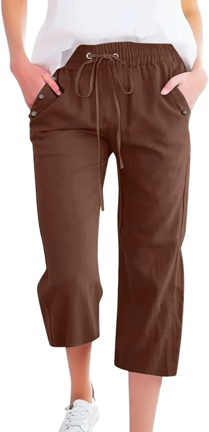 Women Capri Pants Elastic High Waisted Cotton Linen Capris Casual Summer Loose Wide Leg Cropped Trouser with Pockets