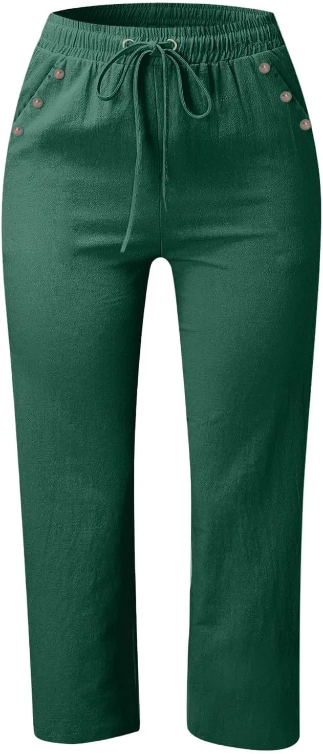 Women Capri Pants Elastic High Waisted Cotton Linen Capris Casual Summer Loose Wide Leg Cropped Trouser with Pockets