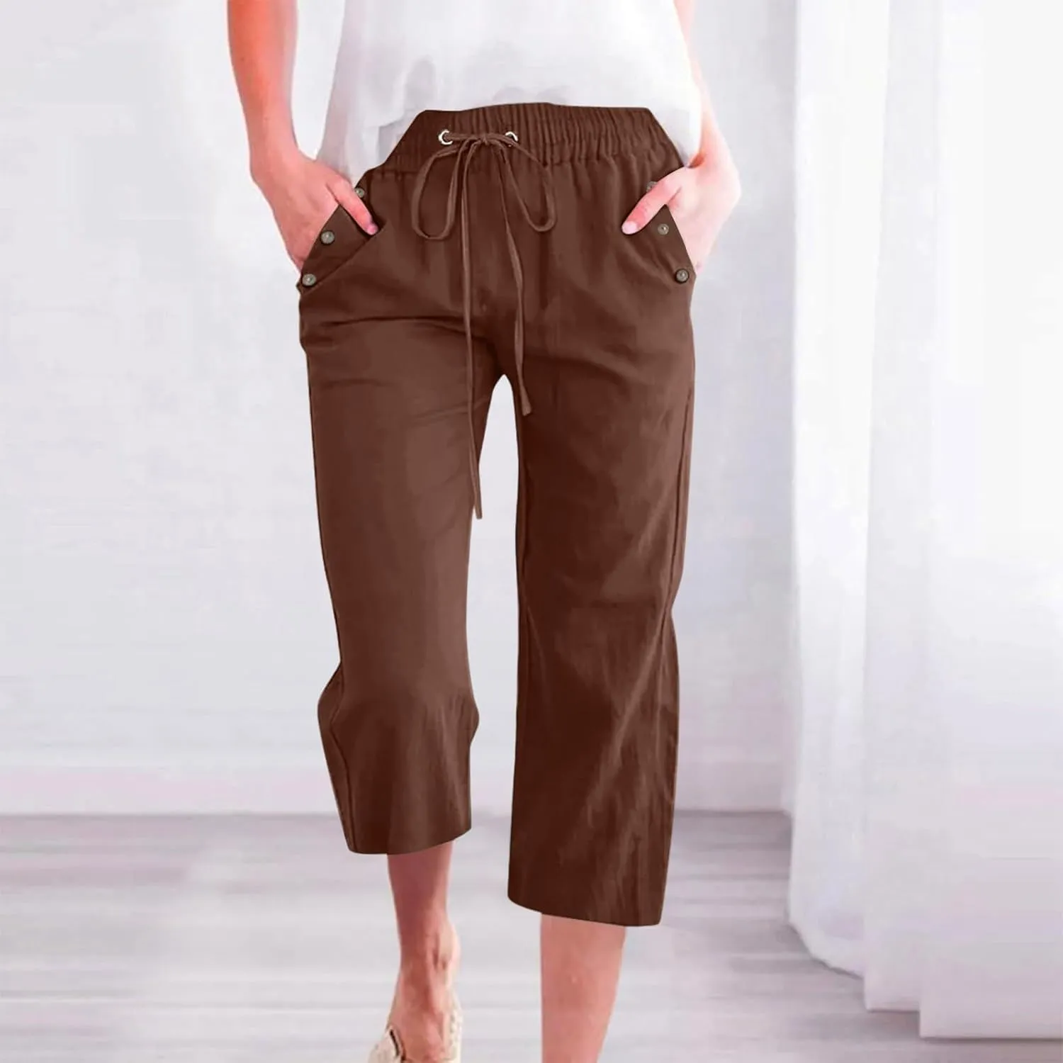 Women Capri Pants Elastic High Waisted Cotton Linen Capris Casual Summer Loose Wide Leg Cropped Trouser with Pockets