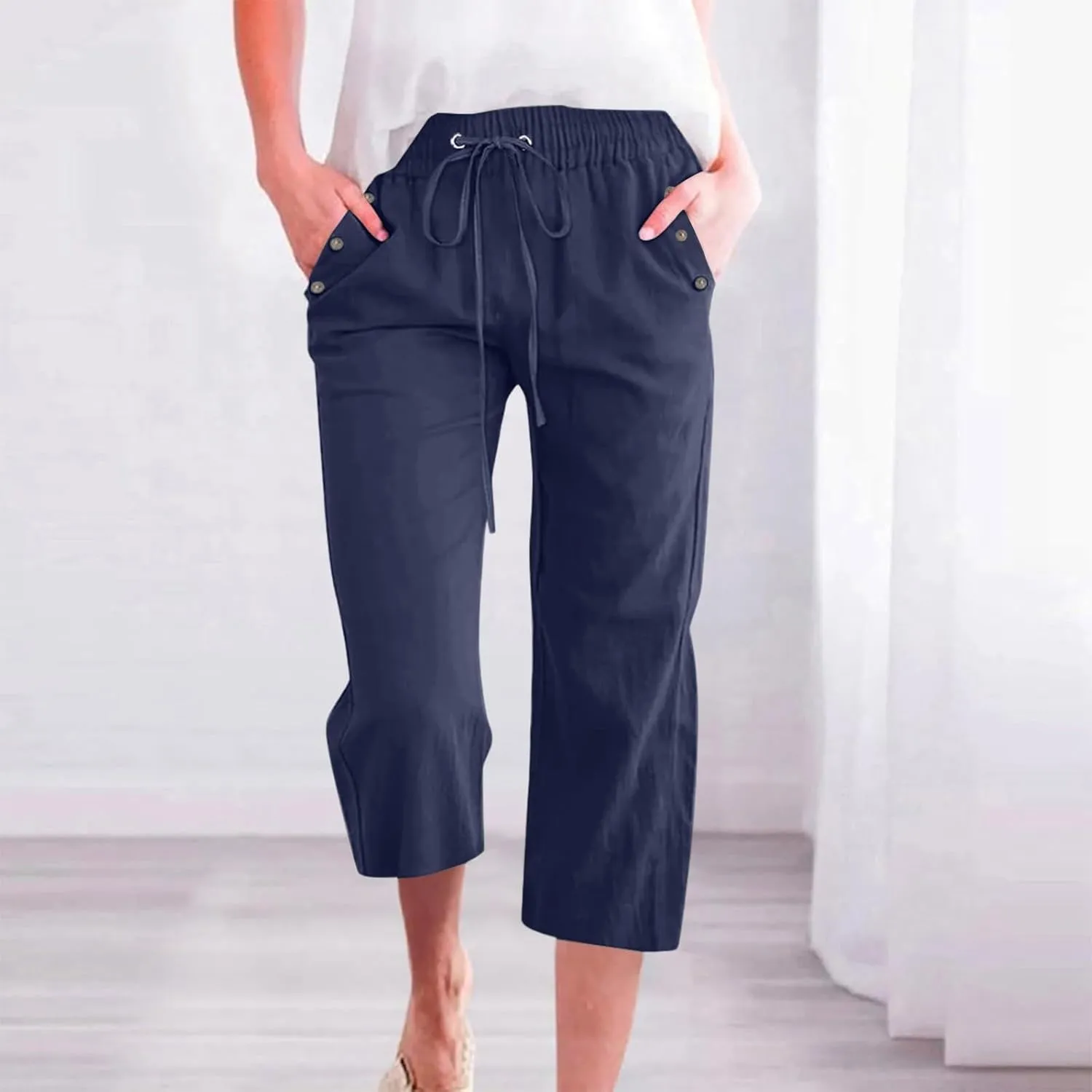 Women Capri Pants Elastic High Waisted Cotton Linen Capris Casual Summer Loose Wide Leg Cropped Trouser with Pockets