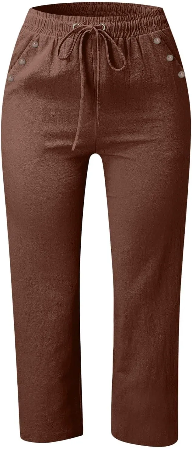 Women Capri Pants Elastic High Waisted Cotton Linen Capris Casual Summer Loose Wide Leg Cropped Trouser with Pockets