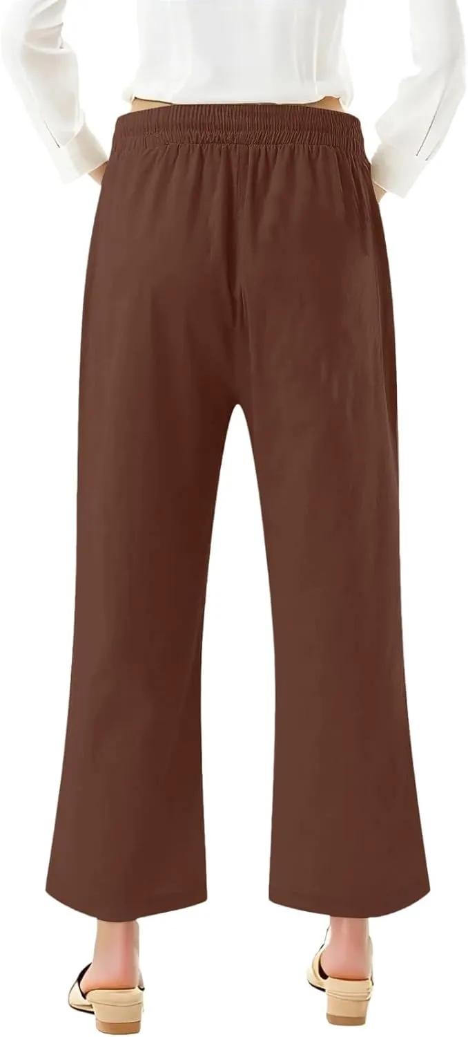 Women Capri Pants Elastic High Waisted Cotton Linen Capris Casual Summer Loose Wide Leg Cropped Trouser with Pockets