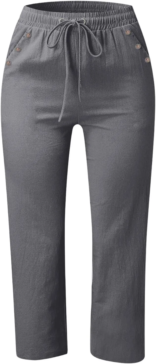 Women Capri Pants Elastic High Waisted Cotton Linen Capris Casual Summer Loose Wide Leg Cropped Trouser with Pockets