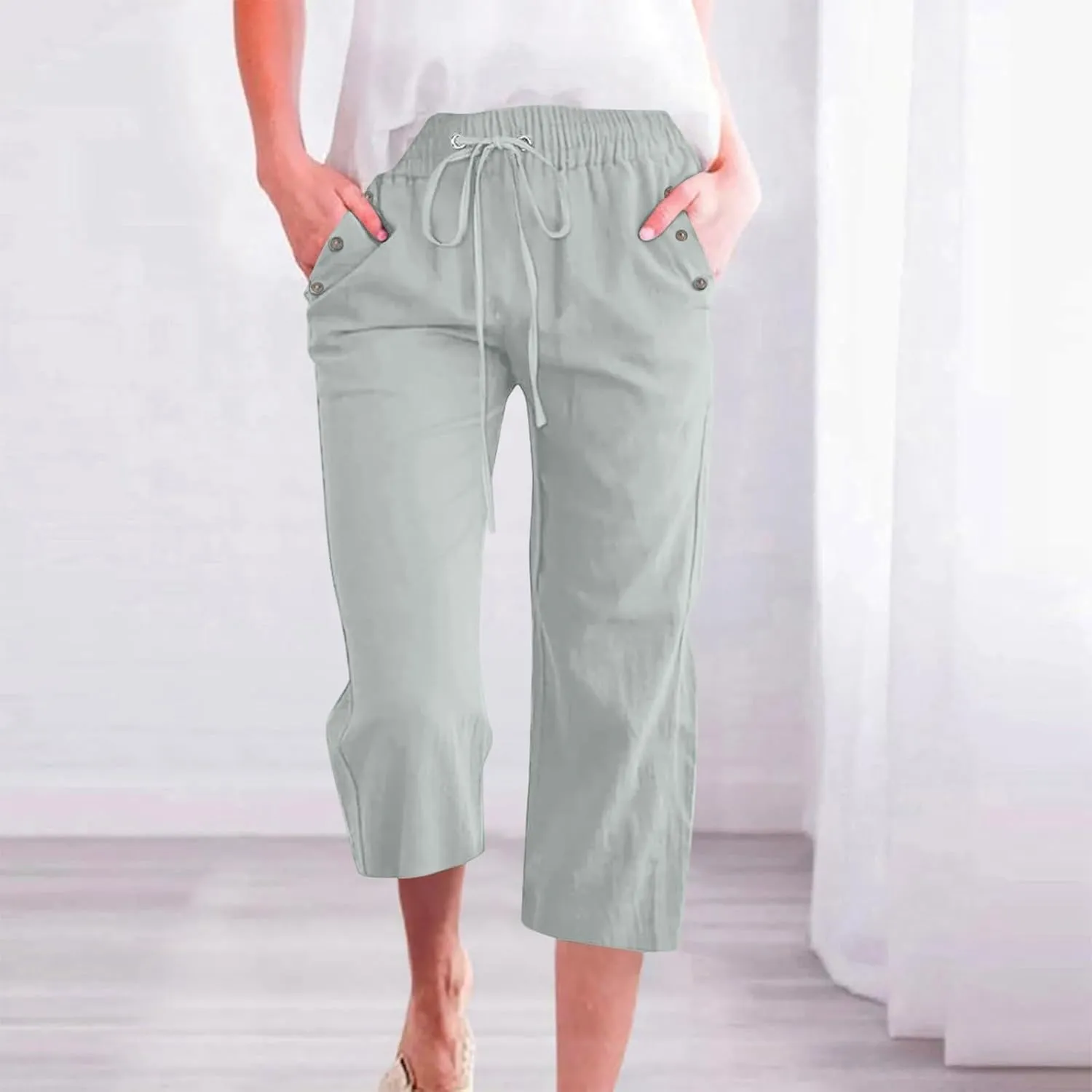 Women Capri Pants Elastic High Waisted Cotton Linen Capris Casual Summer Loose Wide Leg Cropped Trouser with Pockets