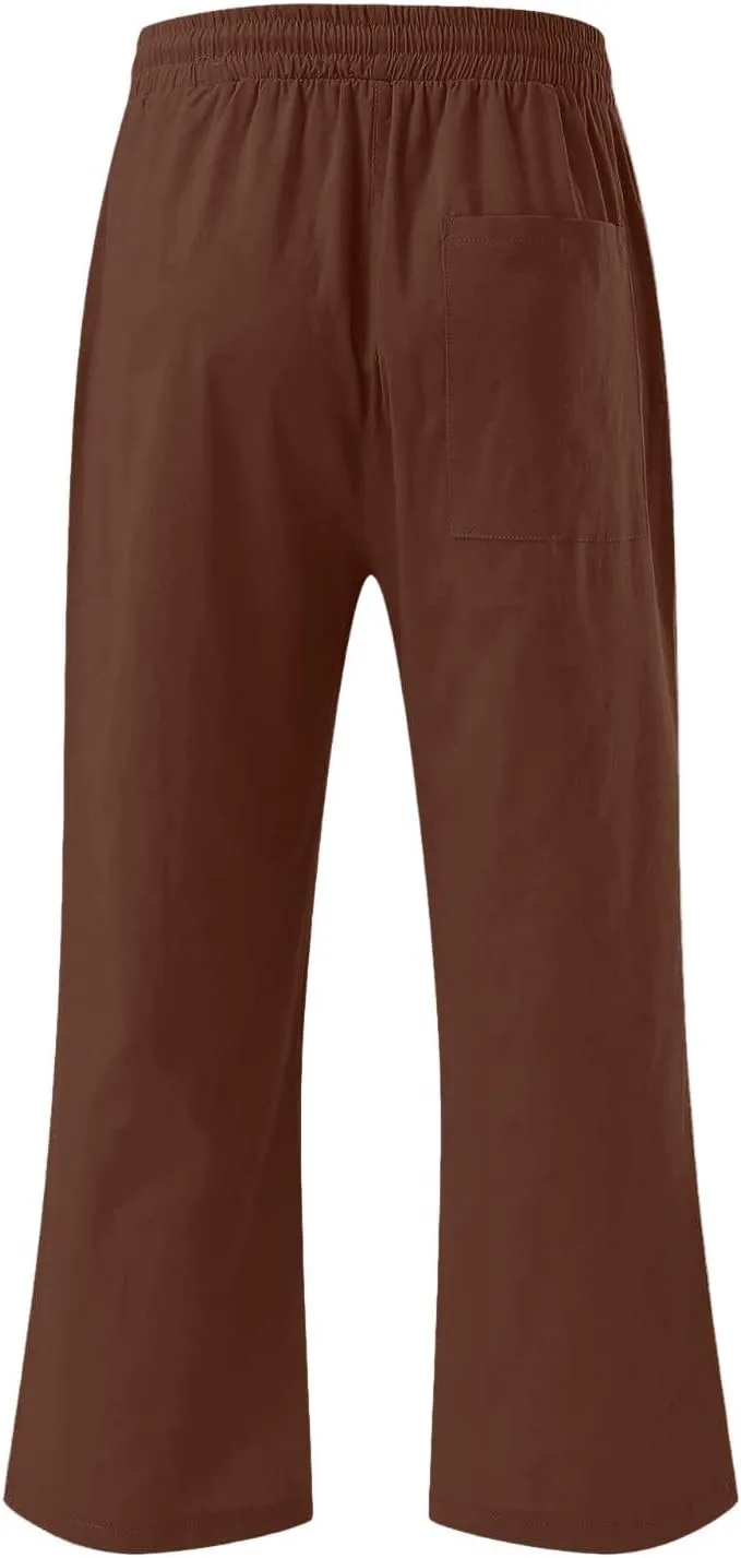 Women Capri Pants Elastic High Waisted Cotton Linen Capris Casual Summer Loose Wide Leg Cropped Trouser with Pockets