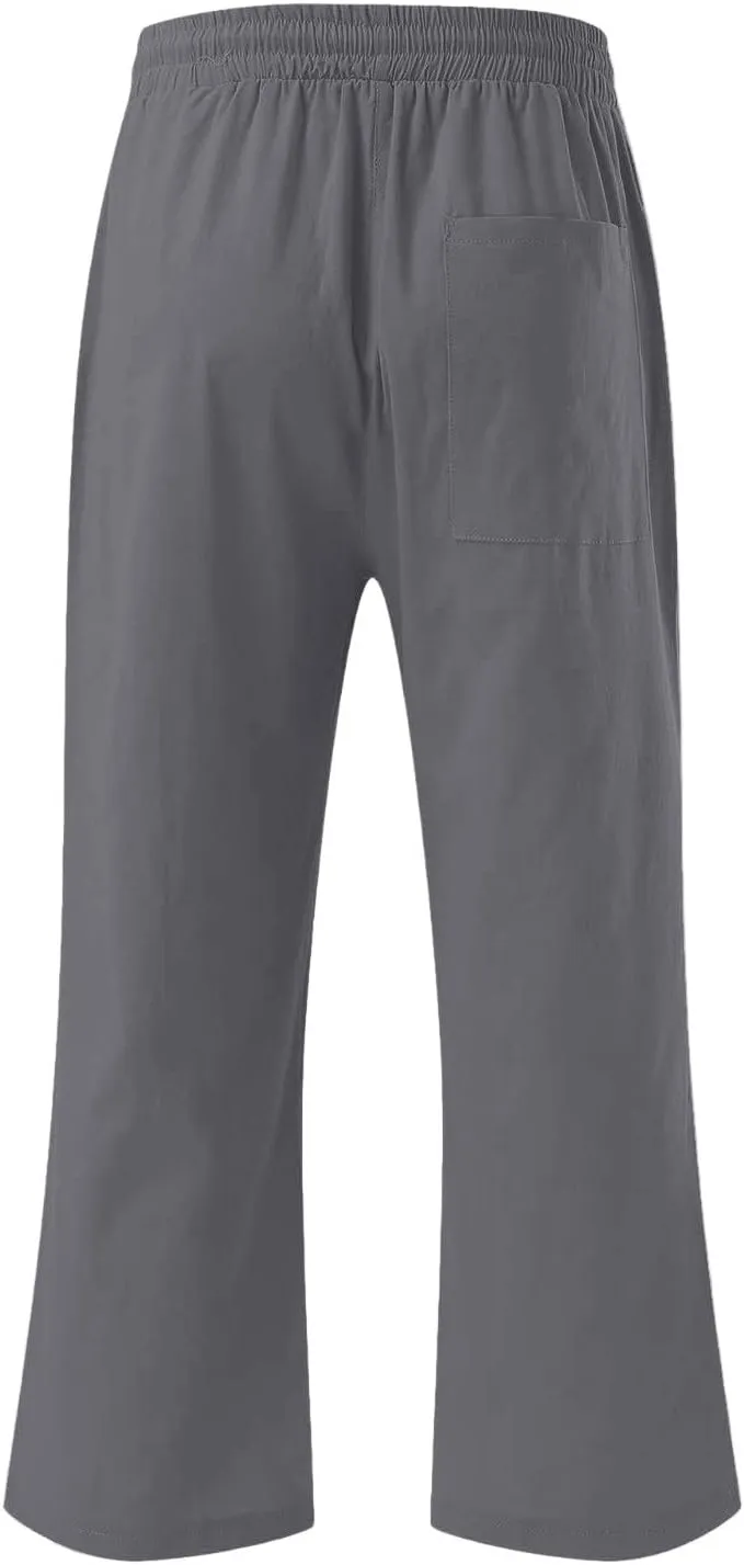 Women Capri Pants Elastic High Waisted Cotton Linen Capris Casual Summer Loose Wide Leg Cropped Trouser with Pockets