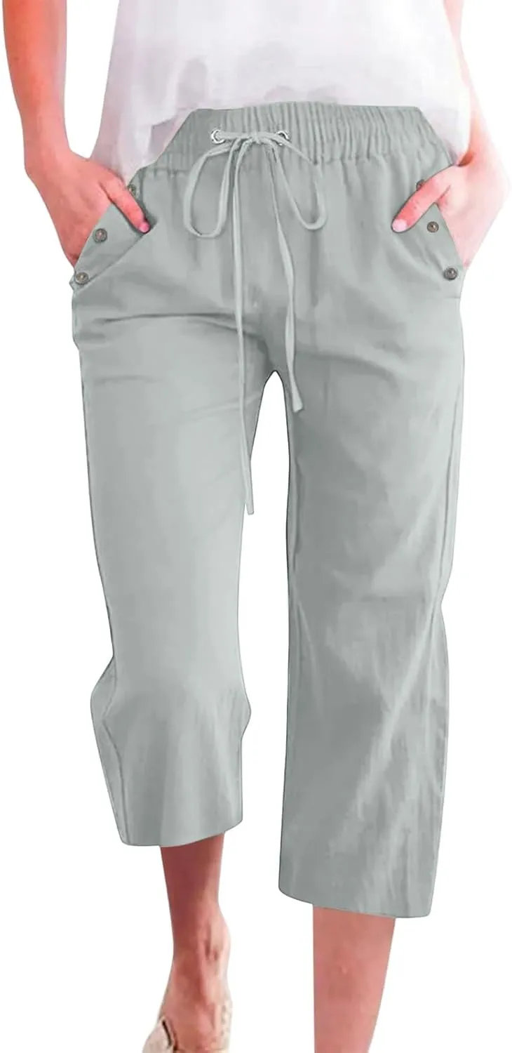 Women Capri Pants Elastic High Waisted Cotton Linen Capris Casual Summer Loose Wide Leg Cropped Trouser with Pockets