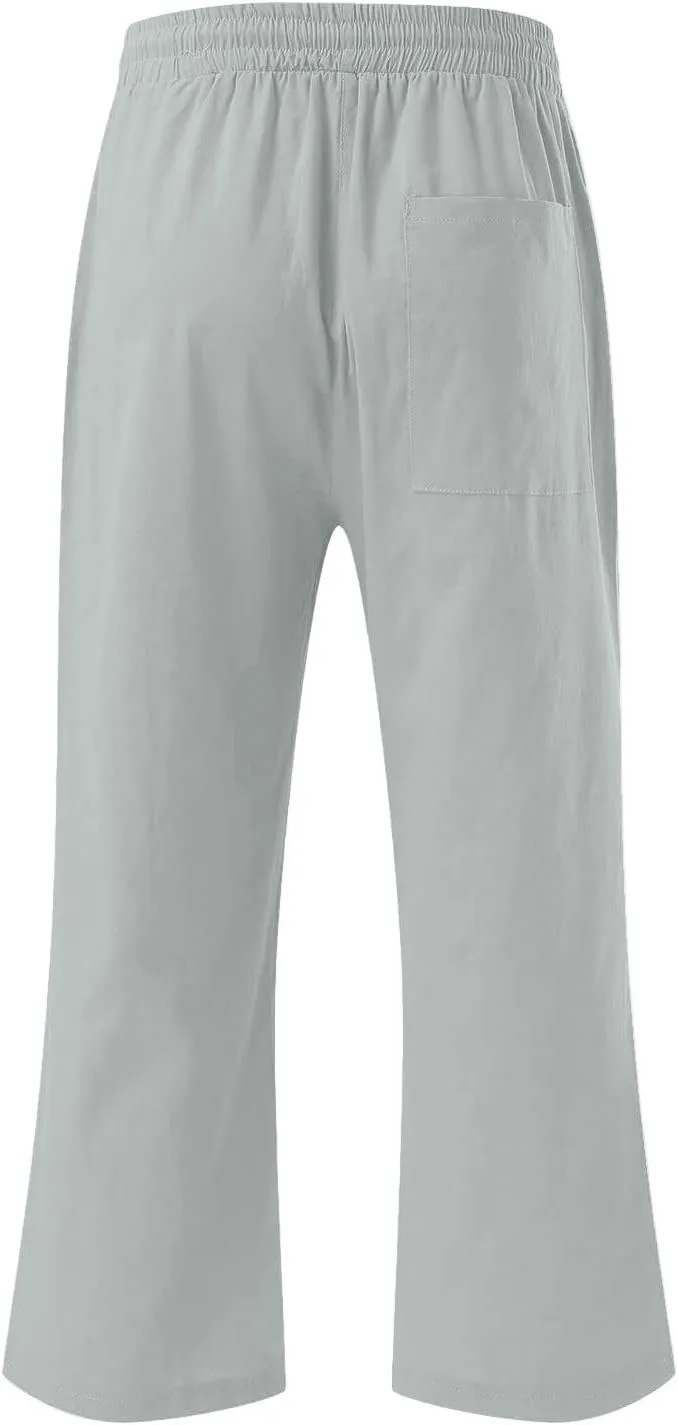 Women Capri Pants Elastic High Waisted Cotton Linen Capris Casual Summer Loose Wide Leg Cropped Trouser with Pockets