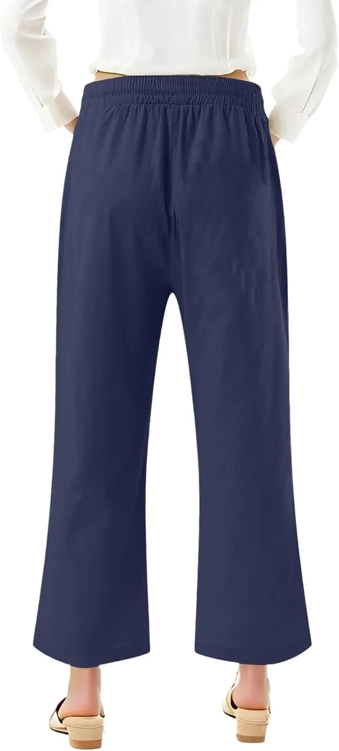 Women Capri Pants Elastic High Waisted Cotton Linen Capris Casual Summer Loose Wide Leg Cropped Trouser with Pockets