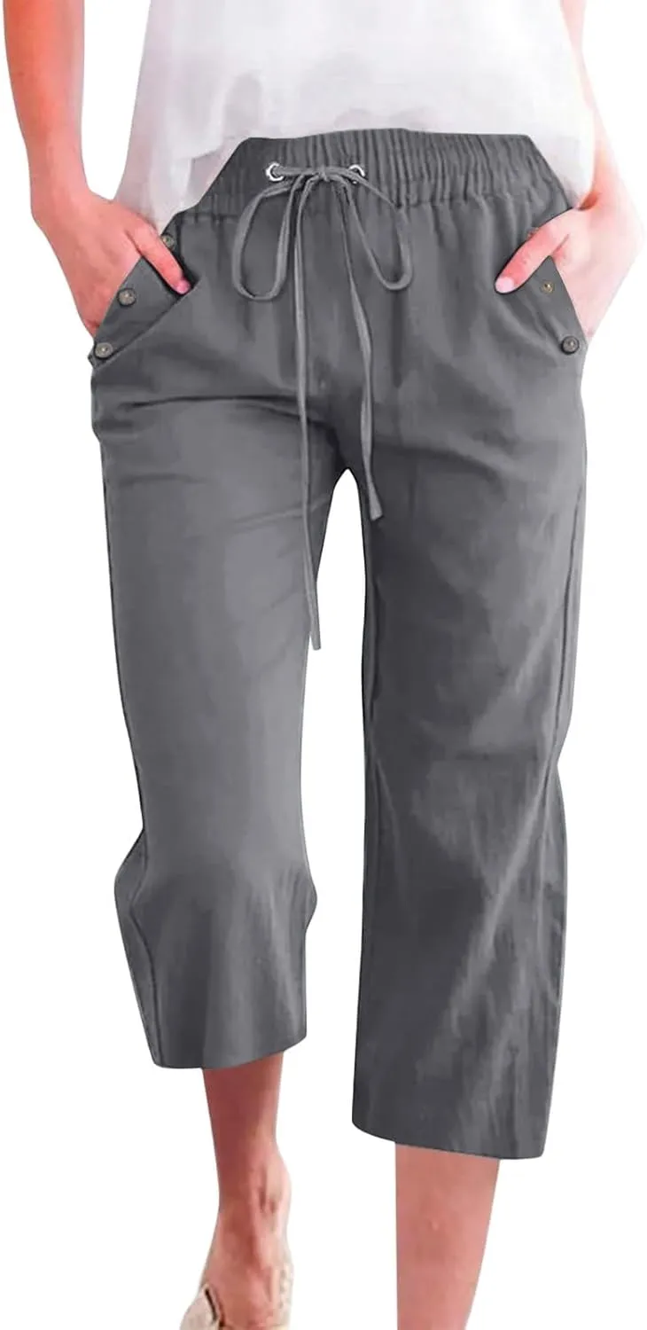 Women Capri Pants Elastic High Waisted Cotton Linen Capris Casual Summer Loose Wide Leg Cropped Trouser with Pockets