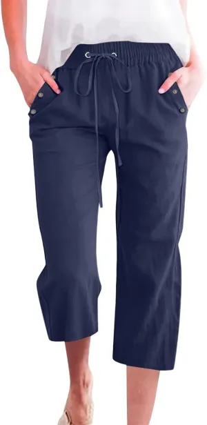 Women Capri Pants Elastic High Waisted Cotton Linen Capris Casual Summer Loose Wide Leg Cropped Trouser with Pockets