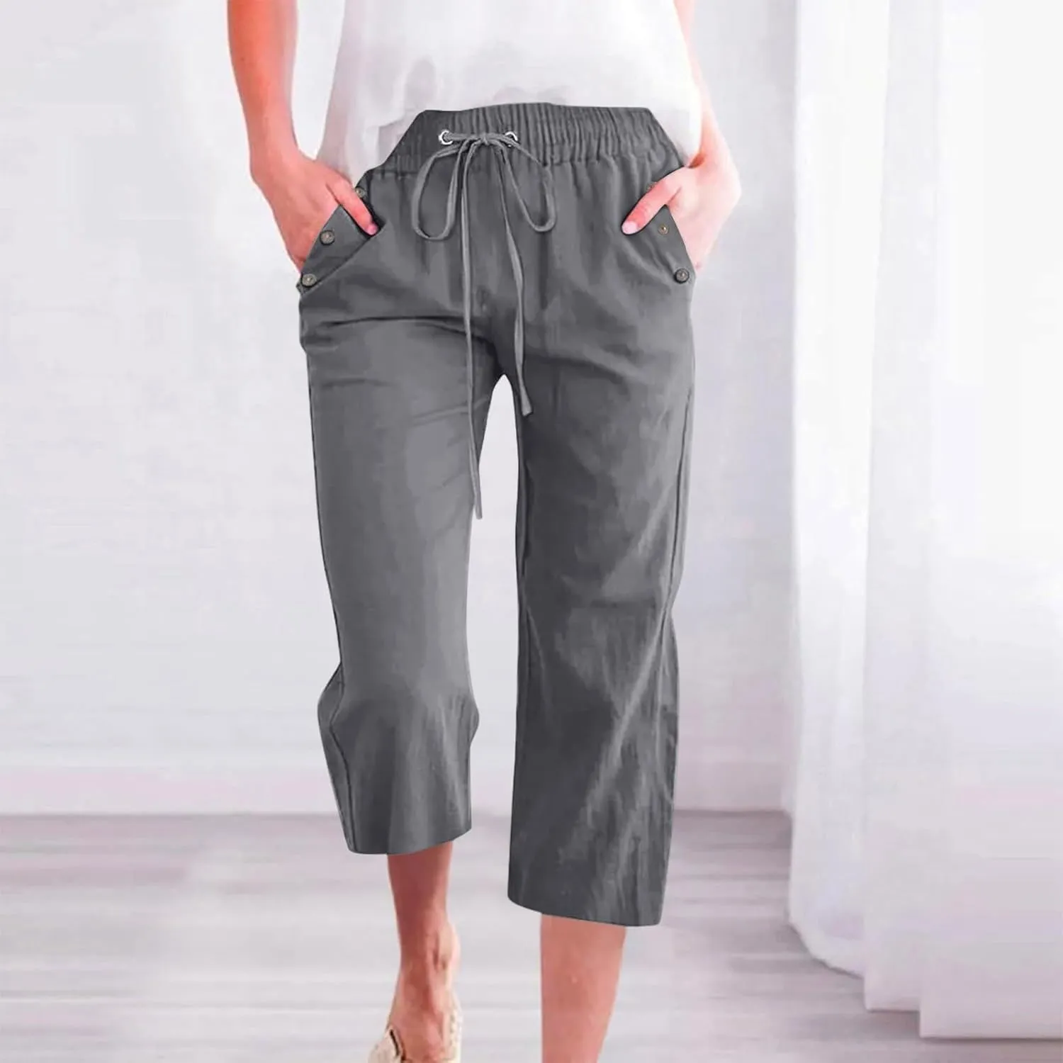 Women Capri Pants Elastic High Waisted Cotton Linen Capris Casual Summer Loose Wide Leg Cropped Trouser with Pockets