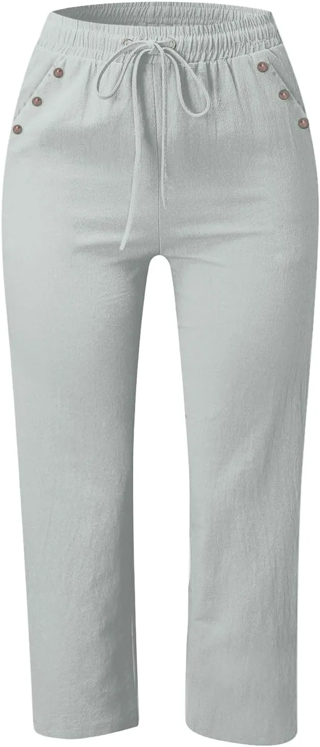 Women Capri Pants Elastic High Waisted Cotton Linen Capris Casual Summer Loose Wide Leg Cropped Trouser with Pockets