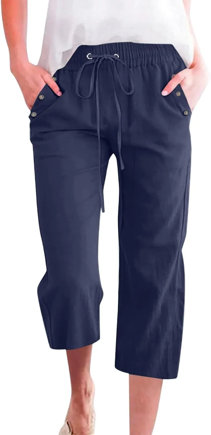 Women Capri Pants Elastic High Waisted Cotton Linen Capris Casual Summer Loose Wide Leg Cropped Trouser with Pockets