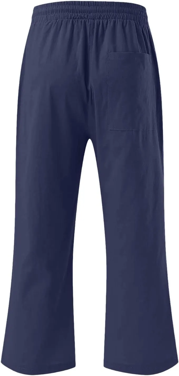 Women Capri Pants Elastic High Waisted Cotton Linen Capris Casual Summer Loose Wide Leg Cropped Trouser with Pockets