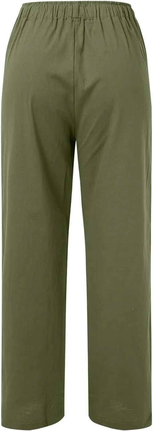 Women Casual Cotton Linen Pants Lightweight Summer Loose Fit Elastic Waist Plus Size Solid Lounge Long Trousers Beach Clothes
