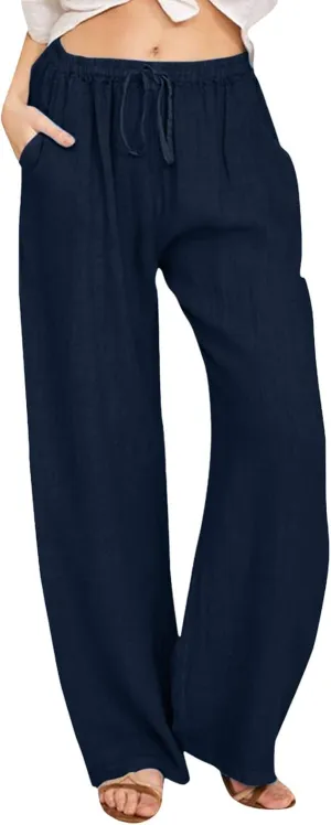 Women Casual Cotton Linen Pants Lightweight Summer Loose Fit Elastic Waist Plus Size Solid Lounge Long Trousers Beach Clothes
