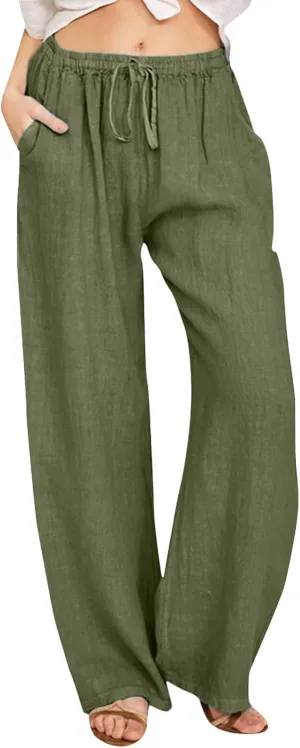 Women Casual Cotton Linen Pants Lightweight Summer Loose Fit Elastic Waist Plus Size Solid Lounge Long Trousers Beach Clothes