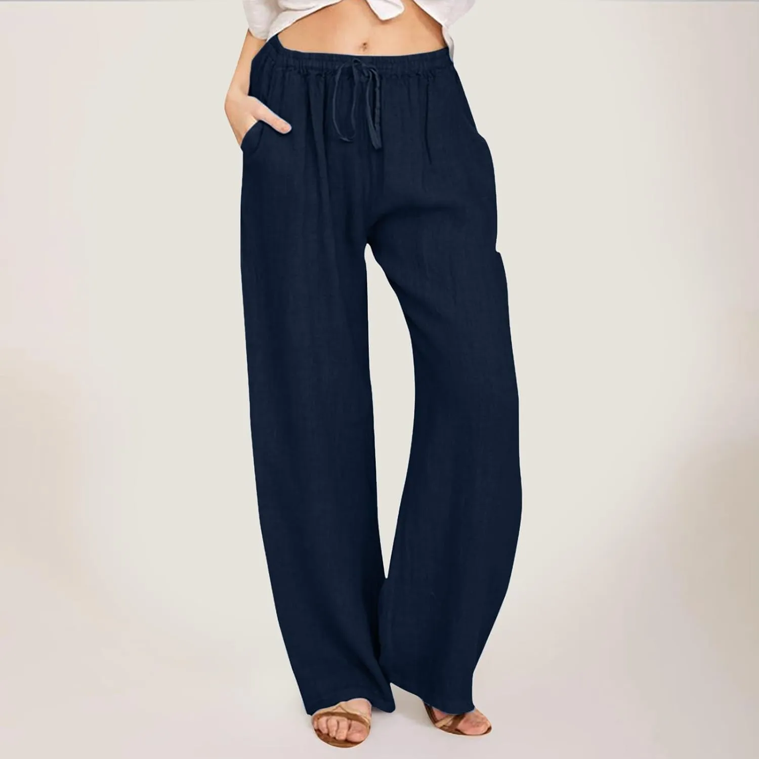 Women Casual Cotton Linen Pants Lightweight Summer Loose Fit Elastic Waist Plus Size Solid Lounge Long Trousers Beach Clothes
