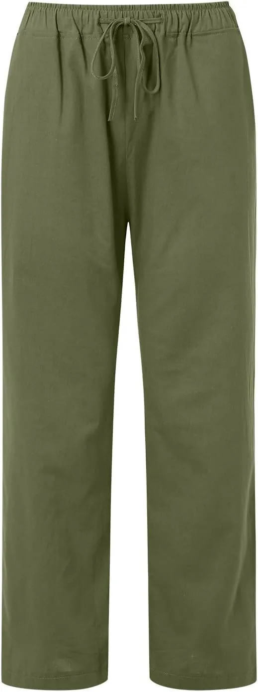 Women Casual Cotton Linen Pants Lightweight Summer Loose Fit Elastic Waist Plus Size Solid Lounge Long Trousers Beach Clothes