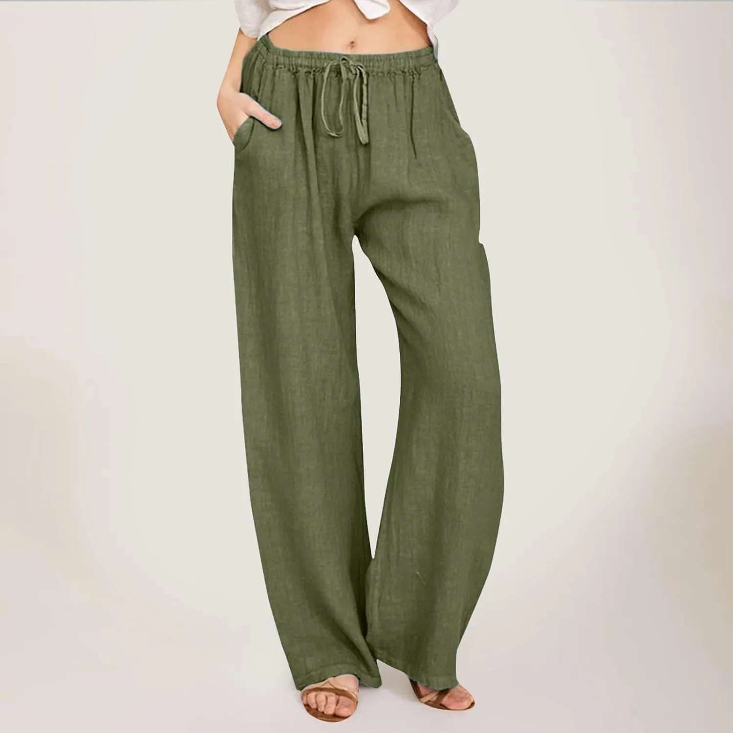 Women Casual Cotton Linen Pants Lightweight Summer Loose Fit Elastic Waist Plus Size Solid Lounge Long Trousers Beach Clothes