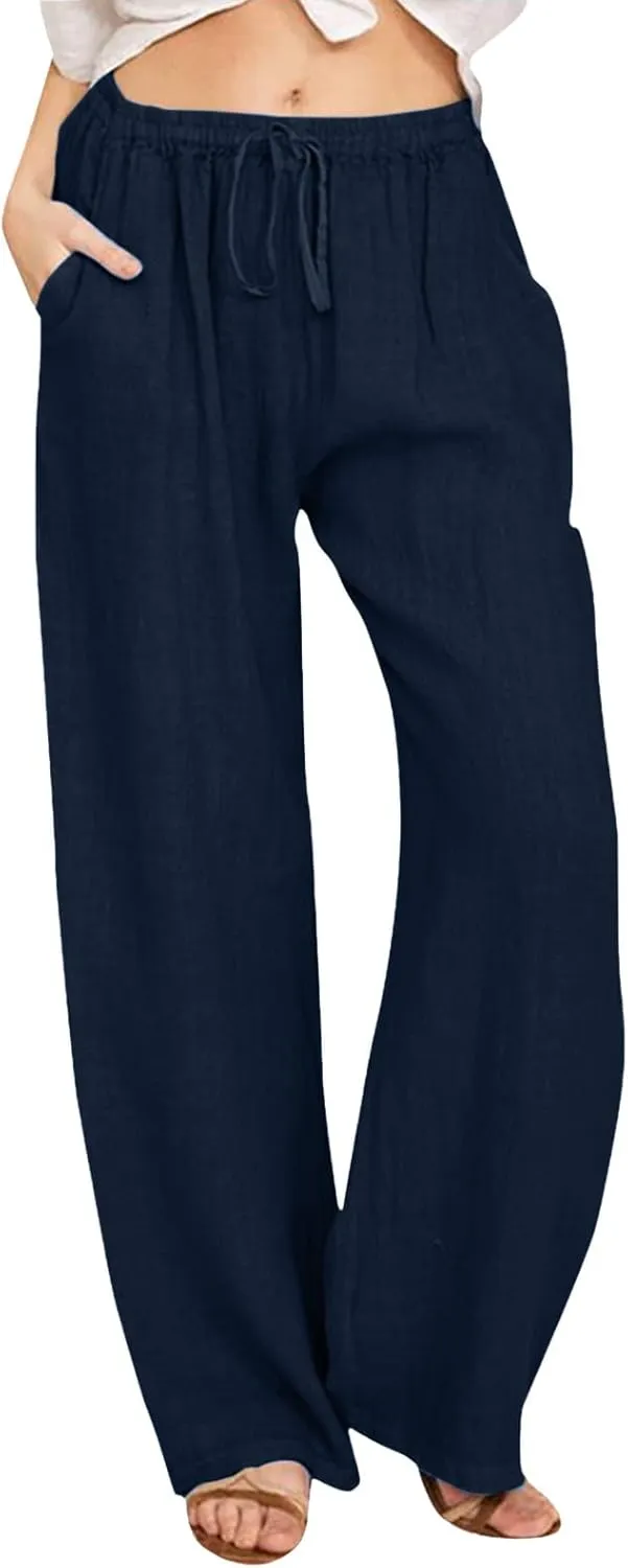 Women Casual Cotton Linen Pants Lightweight Summer Loose Fit Elastic Waist Plus Size Solid Lounge Long Trousers Beach Clothes