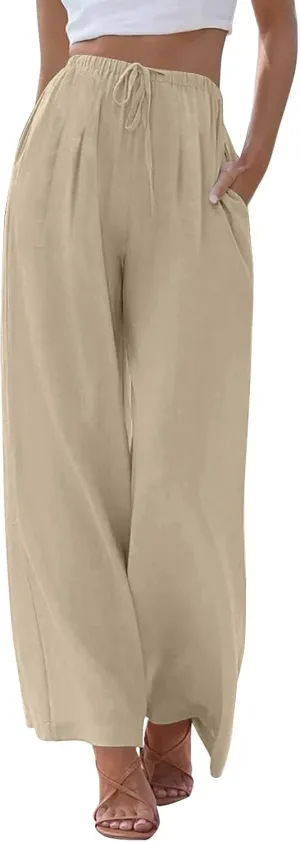 Women Casual Linen Pants Wide Leg Casual Palazzo Pants Cotton Linen Lounge Beach Summer Pants with Pockets