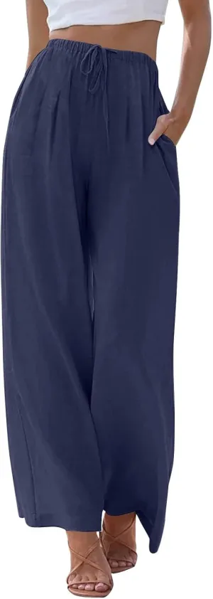 Women Casual Linen Pants Wide Leg Casual Palazzo Pants Cotton Linen Lounge Beach Summer Pants with Pockets