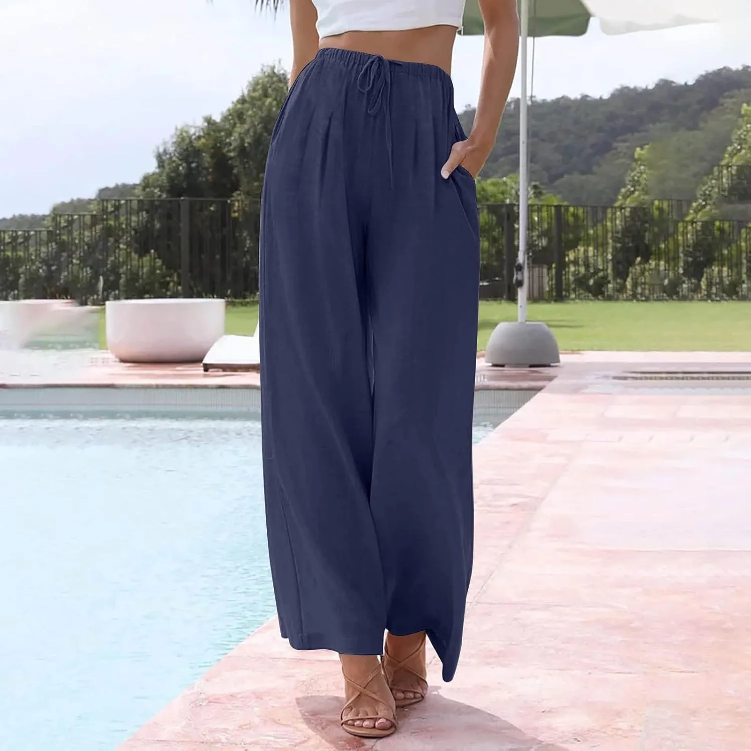 Women Casual Linen Pants Wide Leg Casual Palazzo Pants Cotton Linen Lounge Beach Summer Pants with Pockets