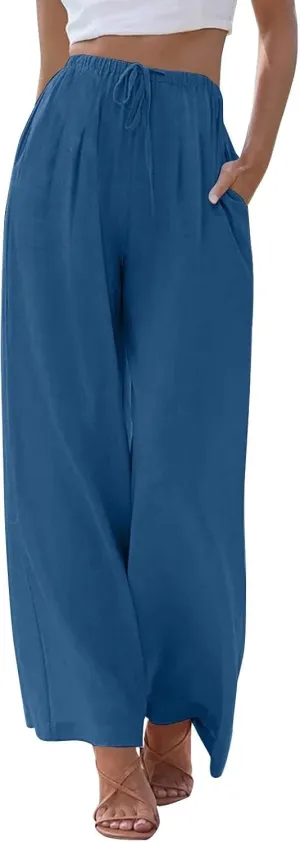 Women Casual Linen Pants Wide Leg Casual Palazzo Pants Cotton Linen Lounge Beach Summer Pants with Pockets