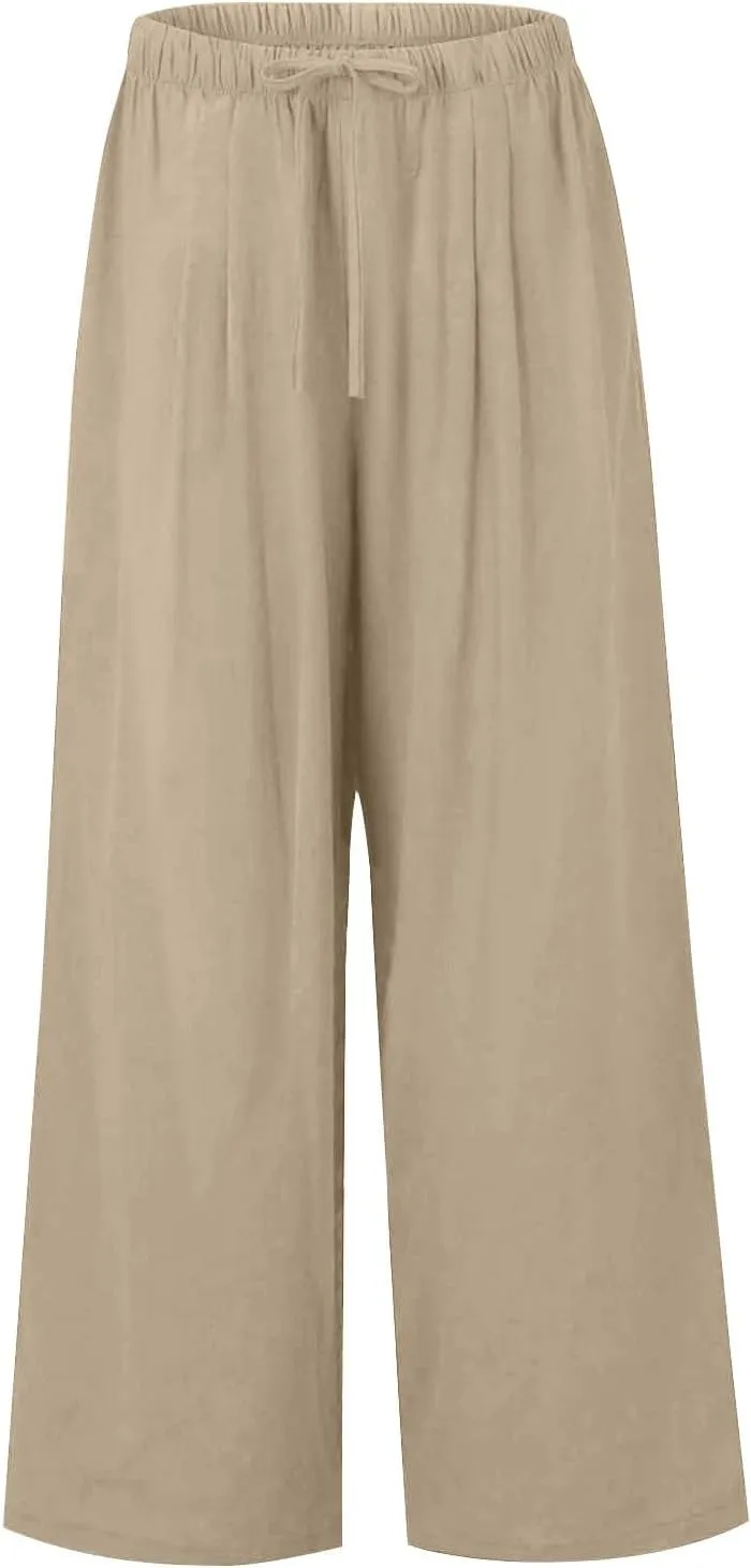 Women Casual Linen Pants Wide Leg Casual Palazzo Pants Cotton Linen Lounge Beach Summer Pants with Pockets
