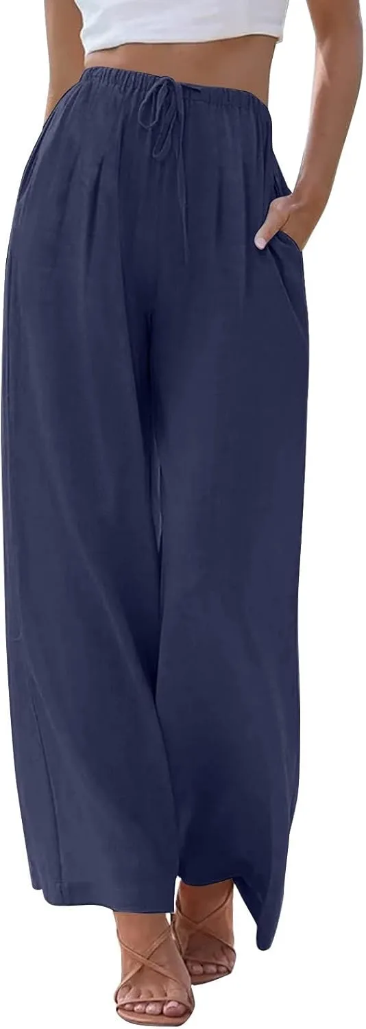 Women Casual Linen Pants Wide Leg Casual Palazzo Pants Cotton Linen Lounge Beach Summer Pants with Pockets