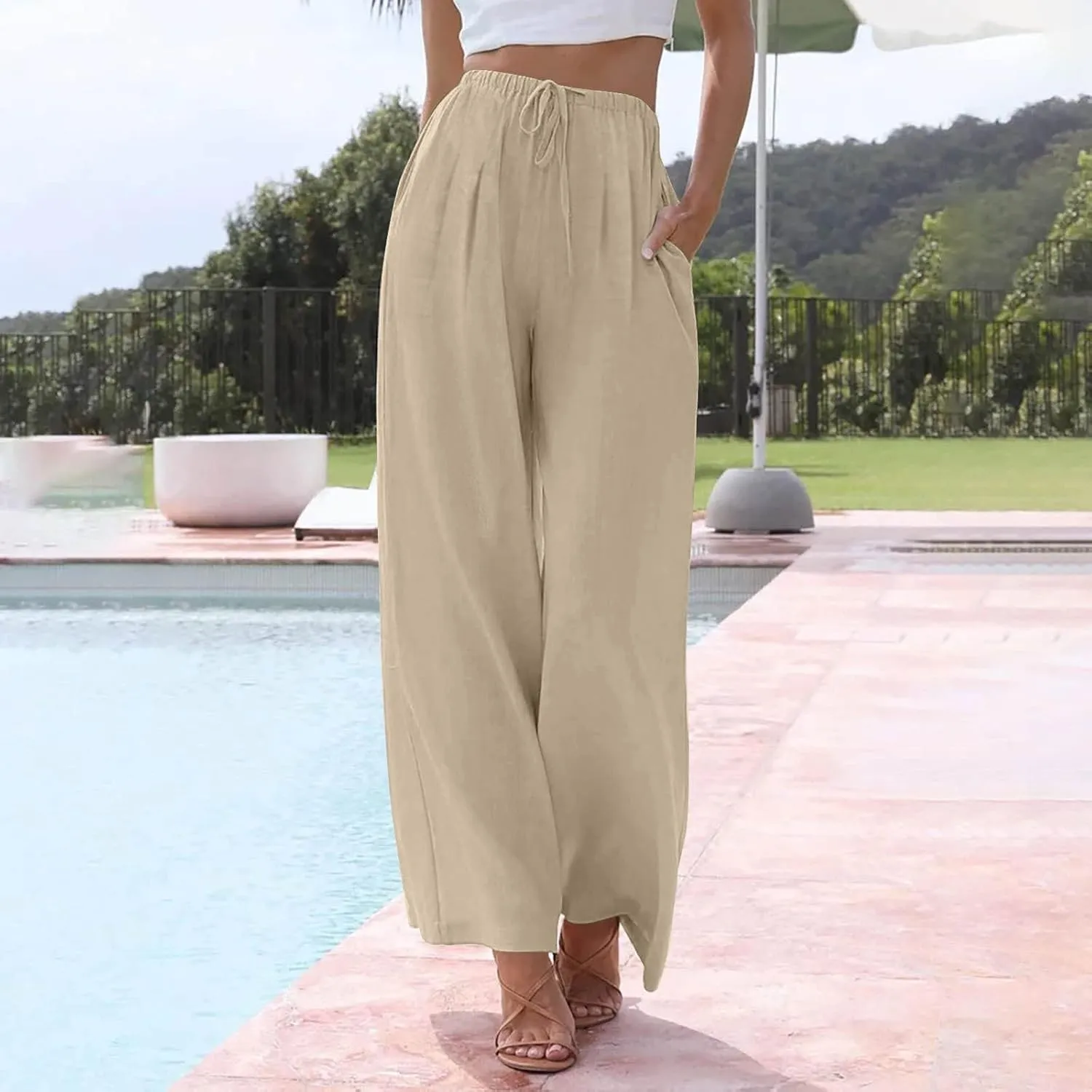 Women Casual Linen Pants Wide Leg Casual Palazzo Pants Cotton Linen Lounge Beach Summer Pants with Pockets