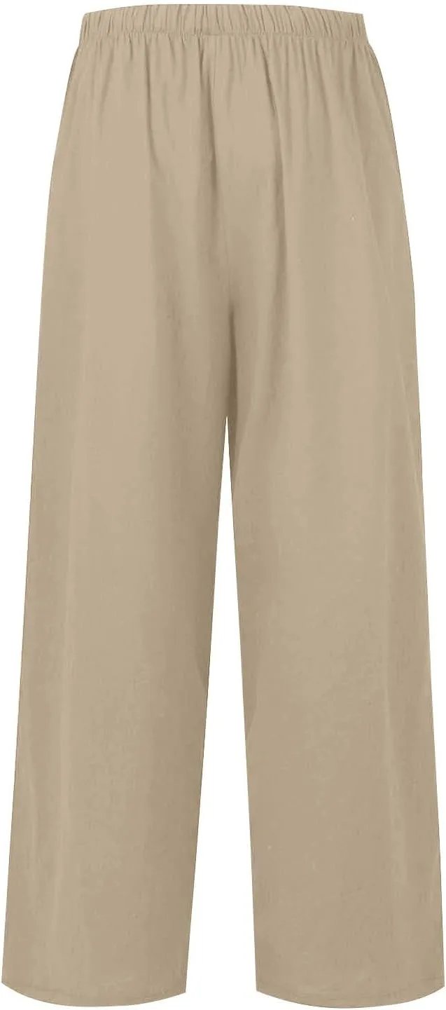 Women Casual Linen Pants Wide Leg Casual Palazzo Pants Cotton Linen Lounge Beach Summer Pants with Pockets