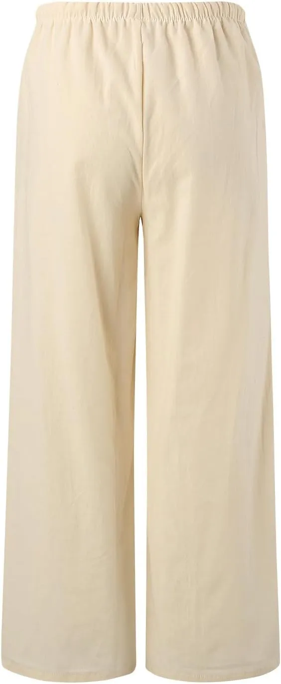 Women Cotton Linen Pants Wide Leg High Waist Flowy Summer Drawstring Pant Trouser Casual Lounge Beach Travel Vacation Clothes