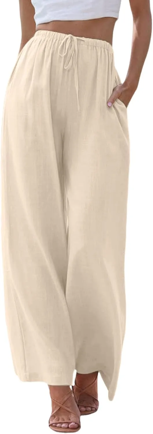 Women Cotton Linen Pants Wide Leg High Waist Flowy Summer Drawstring Pant Trouser Casual Lounge Beach Travel Vacation Clothes