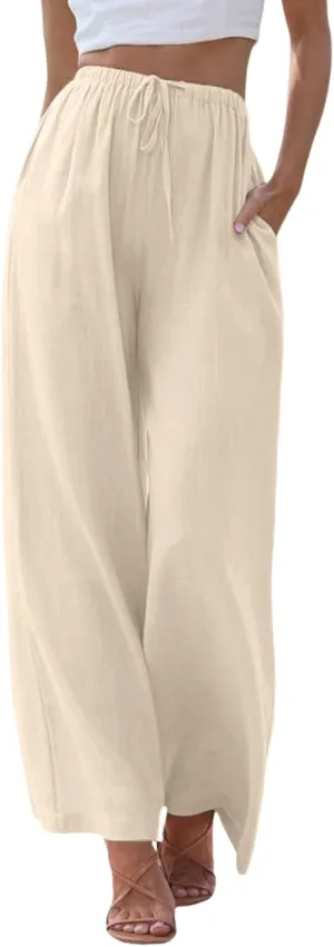 Women Cotton Linen Pants Wide Leg High Waist Flowy Summer Drawstring Pant Trouser Casual Lounge Beach Travel Vacation Clothes