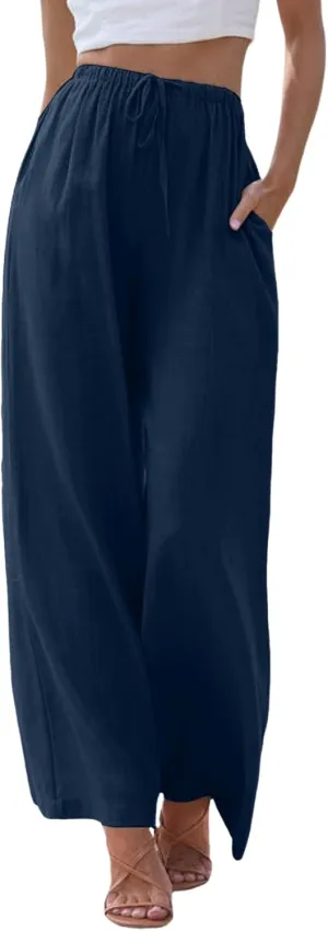 Women Cotton Linen Pants Wide Leg High Waist Flowy Summer Drawstring Pant Trouser Casual Lounge Beach Travel Vacation Clothes