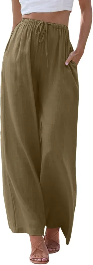 Women Cotton Linen Pants Wide Leg High Waist Flowy Summer Drawstring Pant Trouser Casual Lounge Beach Travel Vacation Clothes
