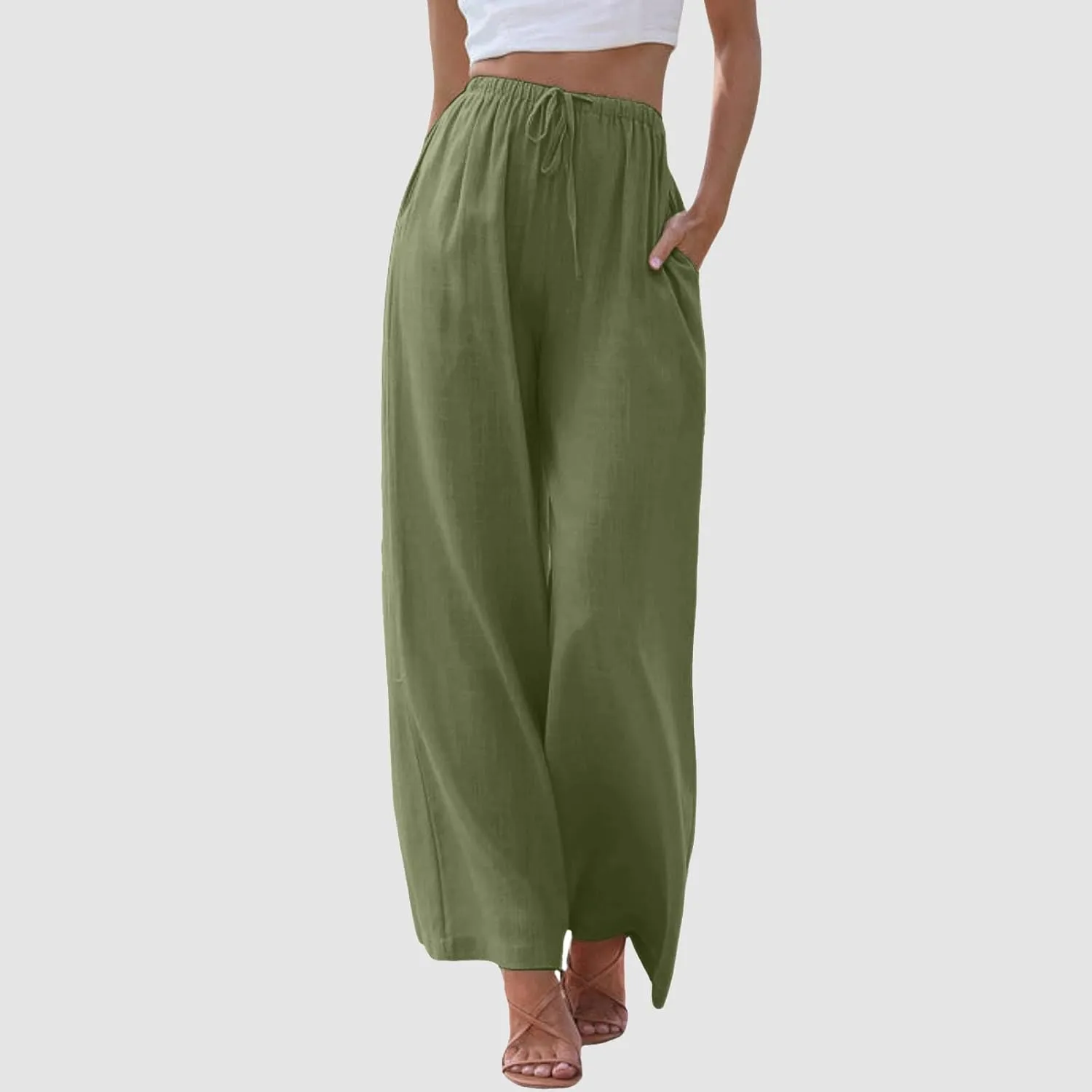 Women Cotton Linen Pants Wide Leg High Waist Flowy Summer Drawstring Pant Trouser Casual Lounge Beach Travel Vacation Clothes
