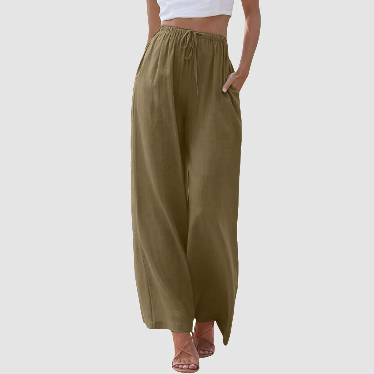 Women Cotton Linen Pants Wide Leg High Waist Flowy Summer Drawstring Pant Trouser Casual Lounge Beach Travel Vacation Clothes