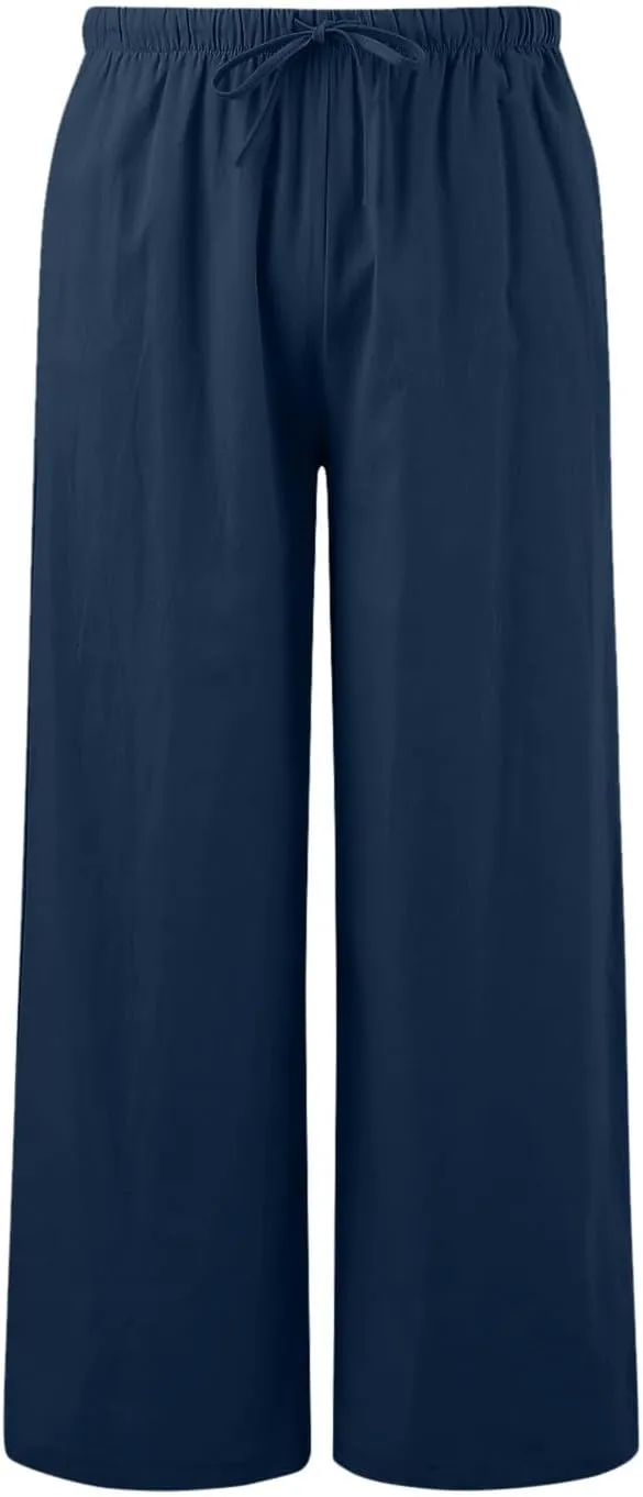 Women Cotton Linen Pants Wide Leg High Waist Flowy Summer Drawstring Pant Trouser Casual Lounge Beach Travel Vacation Clothes